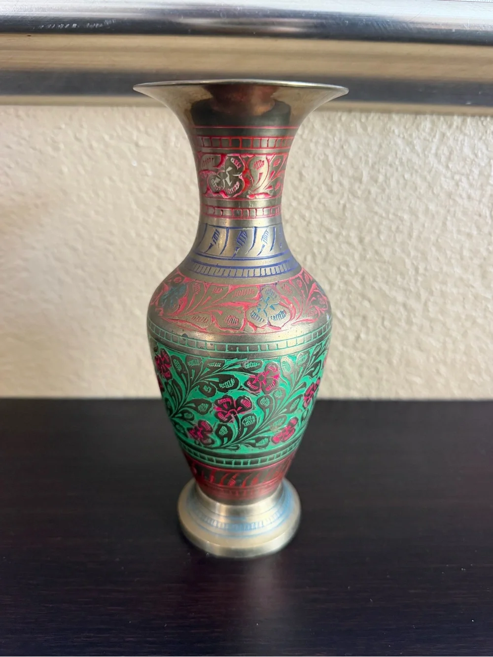 Vintage Indian Brass Enamel Vase 7.5
